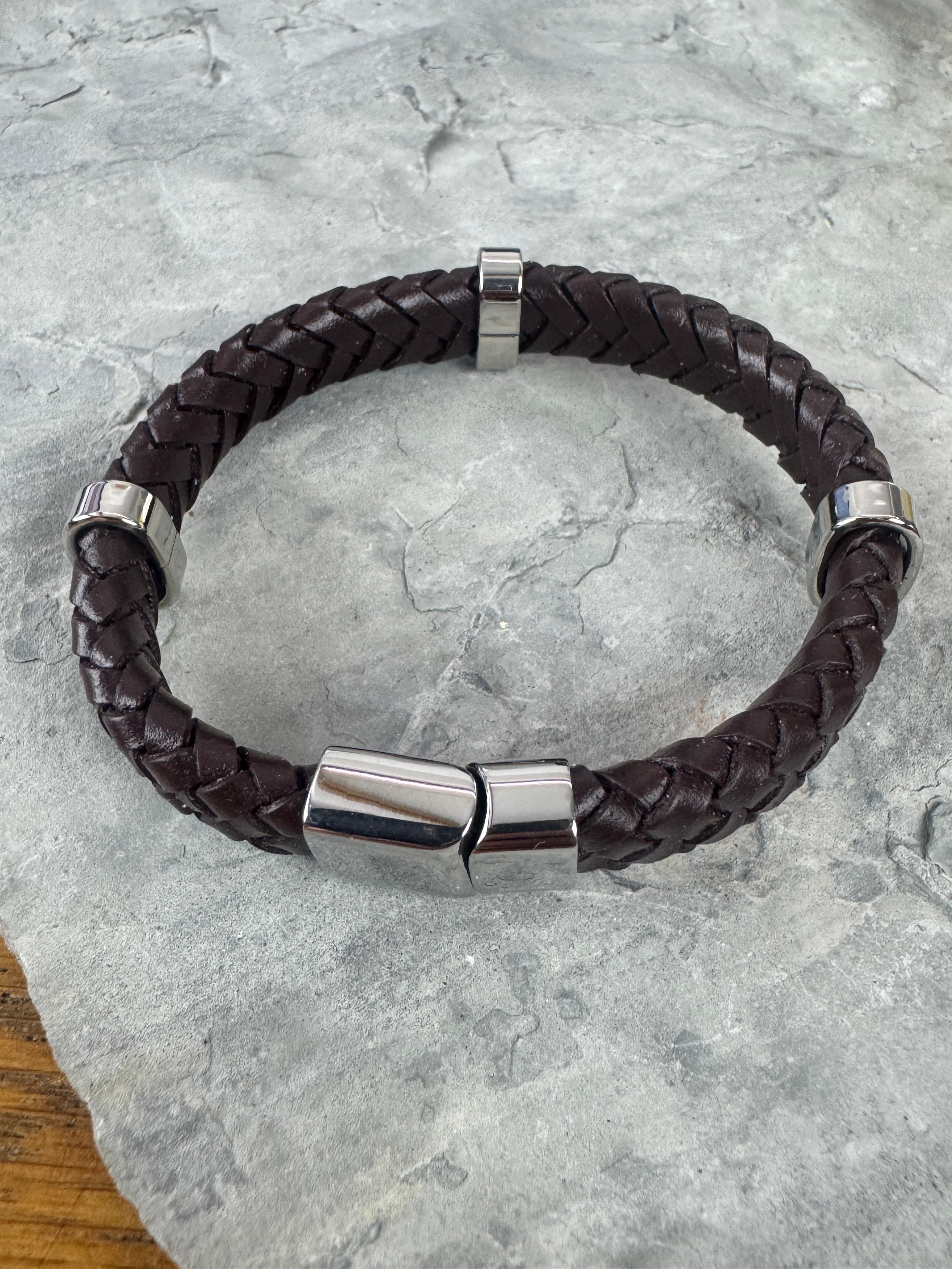 Bracelet. Leather with stainless steel and magnetic catch.
